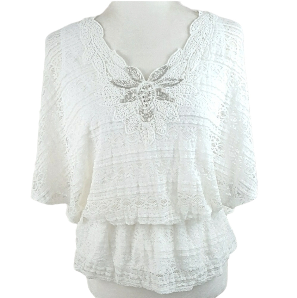 Romeo & Juliet Couture White Lace‎ Embellished Peplum Top